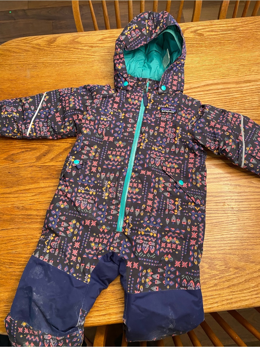 Patagonia Toddler Teal Jacket with Multicolor Pattern Trim
